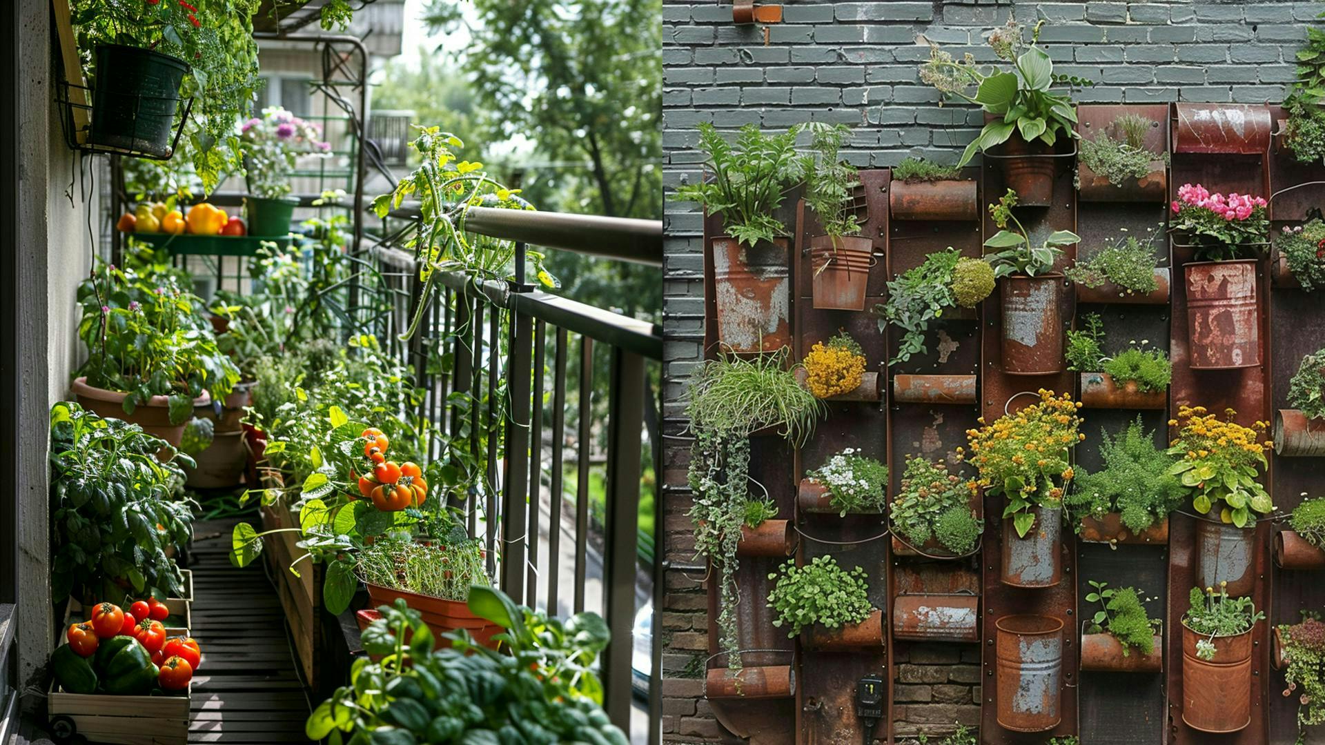 Auf der linken Seite ist ein Balkongarten zu sehen, auf dem Gemüse und Obst in Blumenkästen auf dem Boden des Balkons stehen. Auf der Rechten Seite sind alte verrostete Kannen und Eimer zu sehen, die an einer Hauswand installiert wurden und als Blumenkästen dienen. 